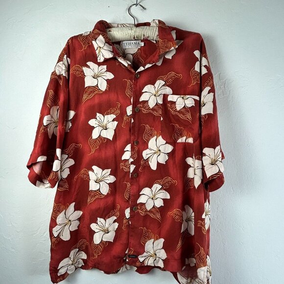 Tehama Clint Mens 100% Silk Red Gold Floral Hawaiian Shirt Size XXL Short Sleeve - Picture 1 of 7